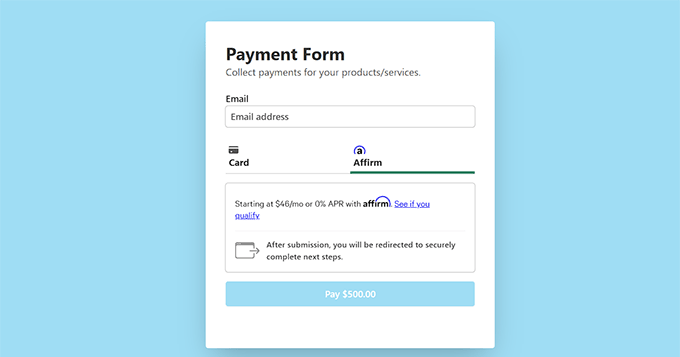 Affirm payment page preview