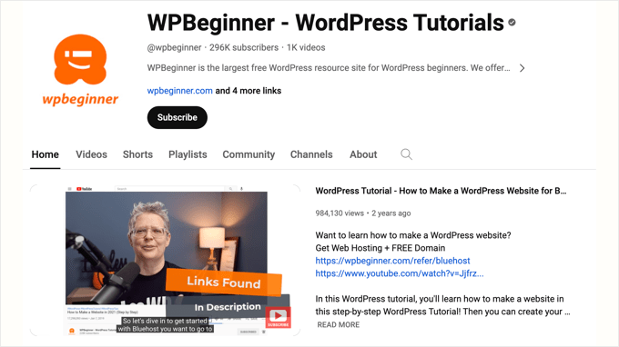 O canal do WPBeginner no YouTube