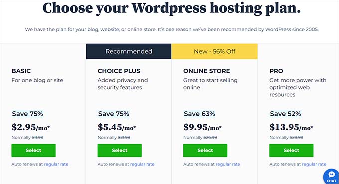 Bluehost Pricing page