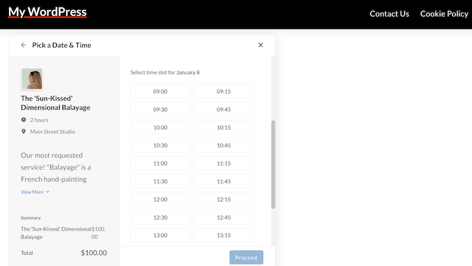 An example of an online appointment system, created using Sugar Calendar 