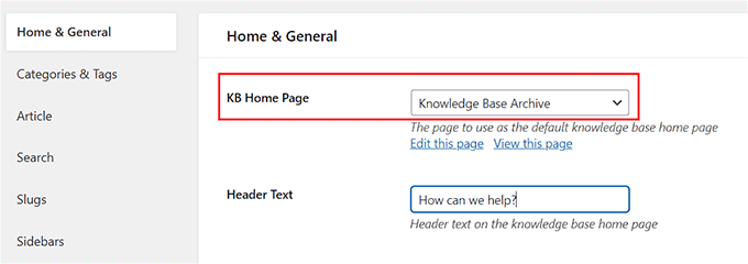 Choose a home page and header text for the documentation