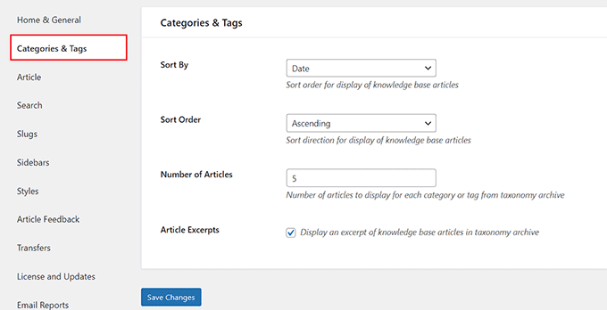 Configure categories and tags settings in the documentation