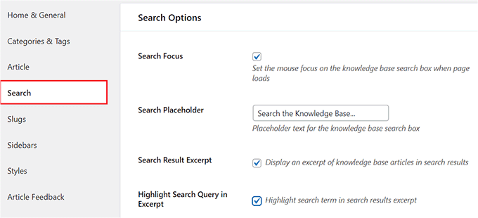 Configure the search options for the documentation