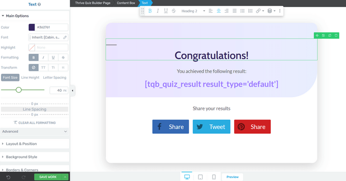 Customizing the quiz results page using the drag and drop editor