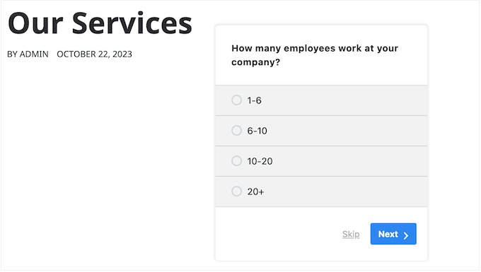 An example of a survey, embedded in WordPress
