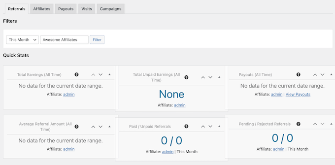 Affiliate data, in the WordPress dashboard 