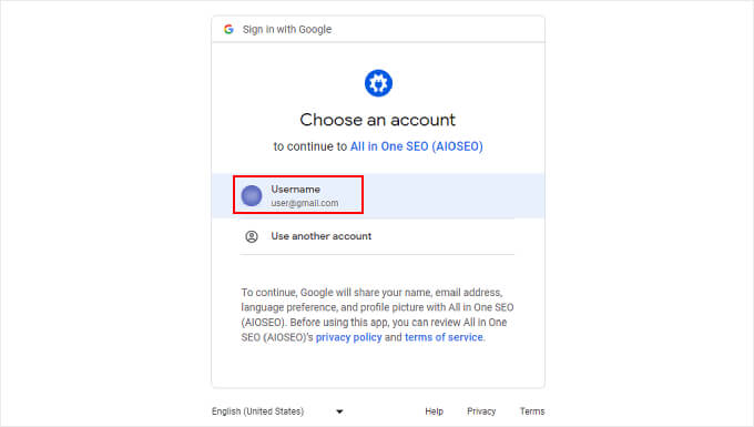 Choosing a Google account to connect Google Search Console with AIOSEO