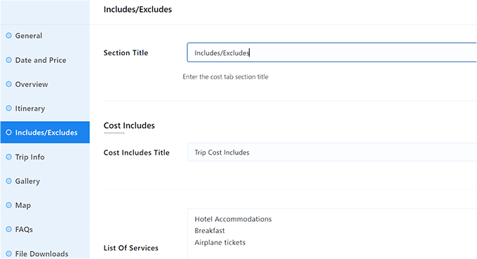 Configure inlcudes excludes section