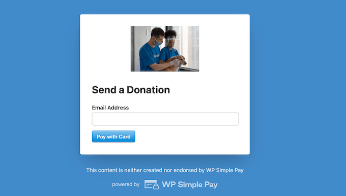 An example of a payment landing page, created using WP Simple Pay