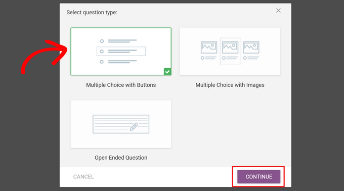 Choosing a question type in WordPress