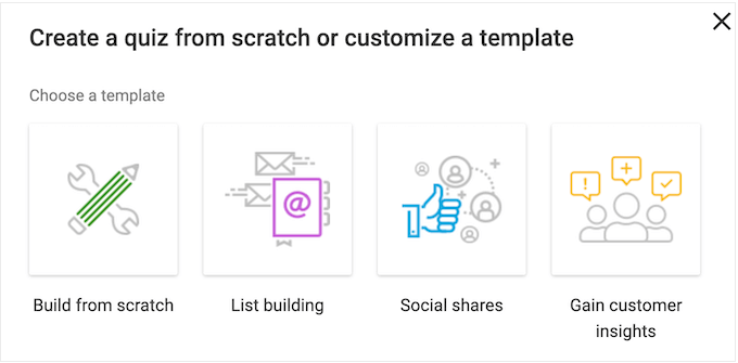 Choosing a quiz template in WordPress