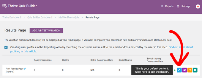 Customizing the quiz results page using the Thrive editor
