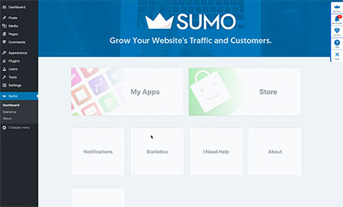 Sumo panel in WordPress dashboard