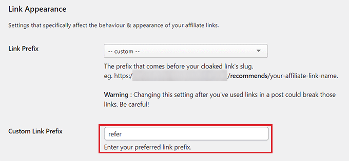 Type custom link prefix