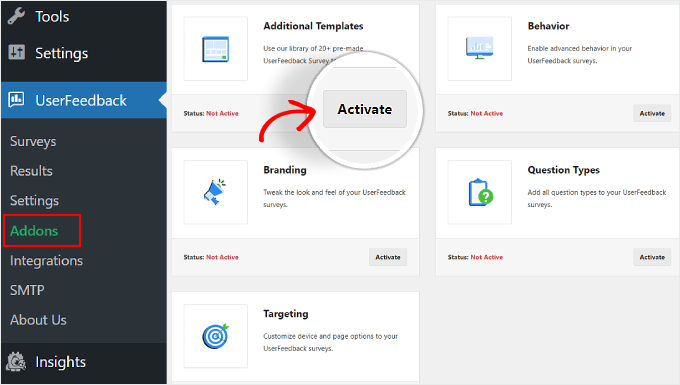 Activating UserFeedback add-ons