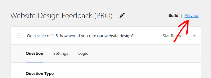 Clicking the Preview button on UserFeedback