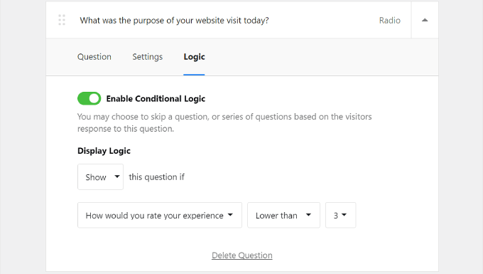 Enabling conditional logic for a question in UserFeedback