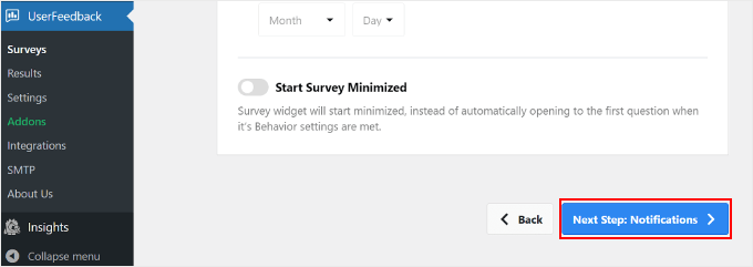 Clicking the Next Step Notifications button on UserFeedback