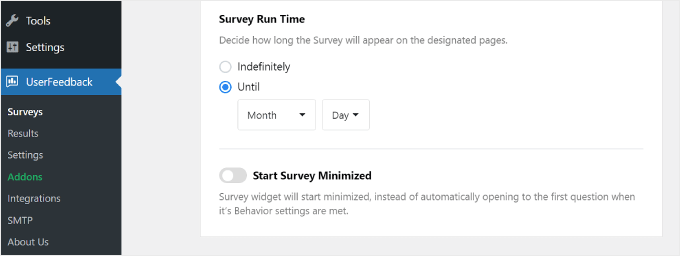 The Survey Run Time settings on UserFeedback