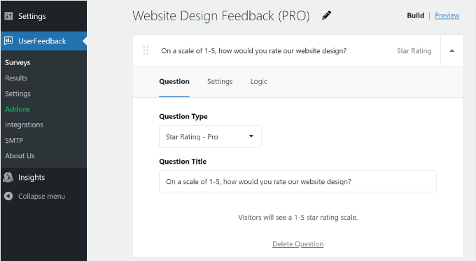 What the Website Design Feedback Pro template looks like on UserFeedback