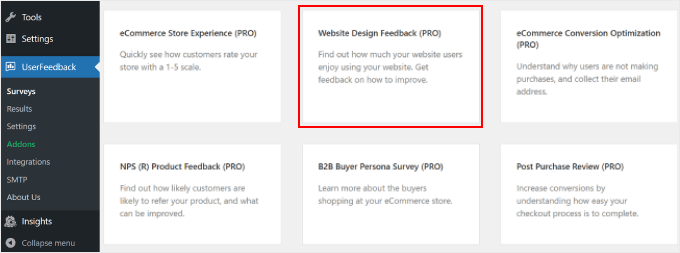 Choosing the Website Design Feedback Pro template on UserFeedback