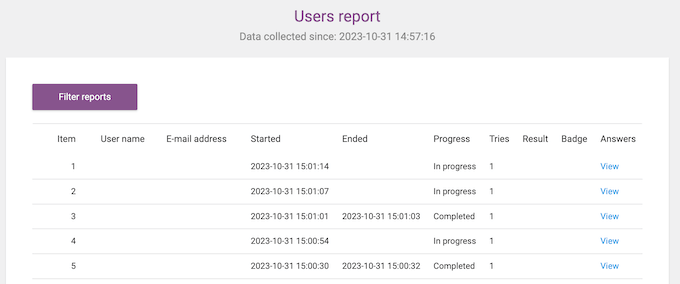 An example of built-in quiz analytics