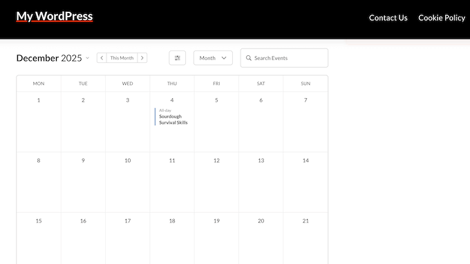 An example of a calendar, created using Sugar Calendar Events