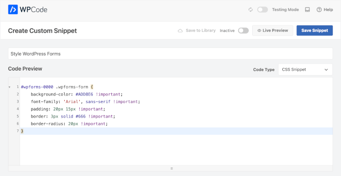 Stiluri pentru fragmentul de cod al formularelor WordPress pe WPCode