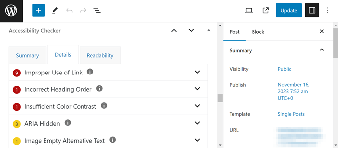 Example of what the Accessibility Checker plugin does