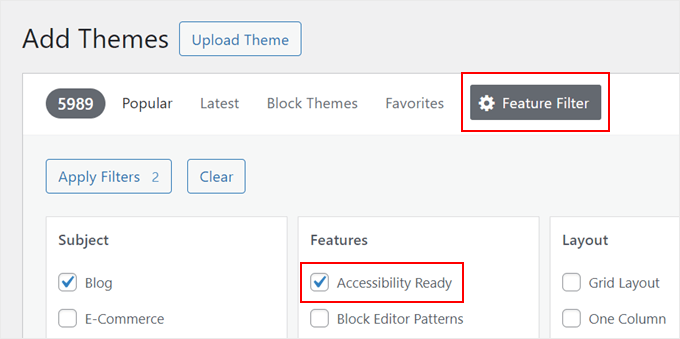Selecting the Accessibility Ready filter in WordPress themes page
