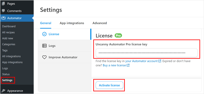 Activating the Uncanny Automator Pro license key