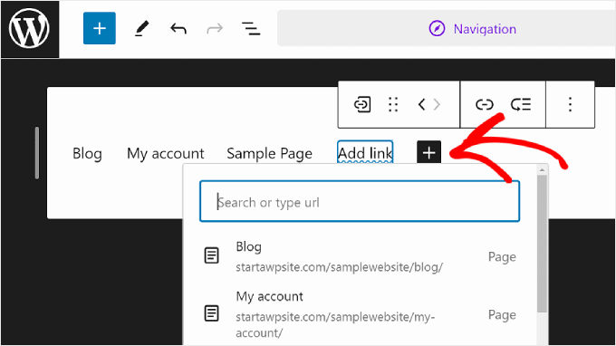 Adicionar um novo link de página em um menu de navegação usando o WordPress Full Site Editor