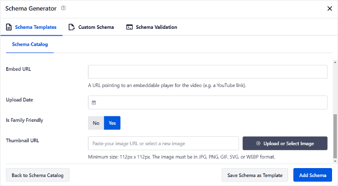 AIOSEO's video schema template settings for the embed URL, upload date, family-friendliness, and thumbnail URL