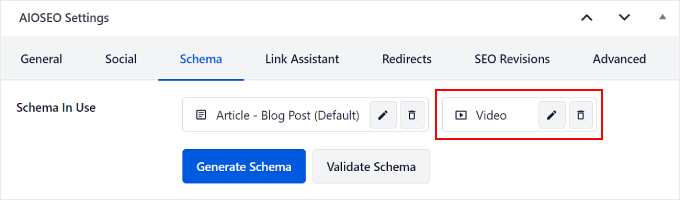 Seeing the Video schema in AIOSEO Settings