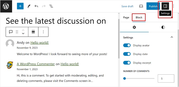 Enabling the Block Settings sidebar for the Latest Comments block