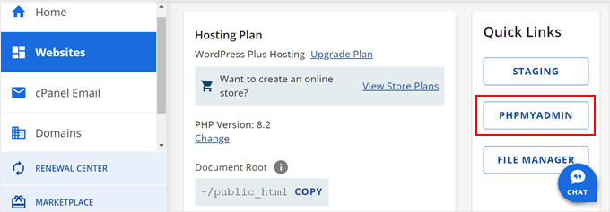 Navigating to the phpMyAdmin in Bluehost