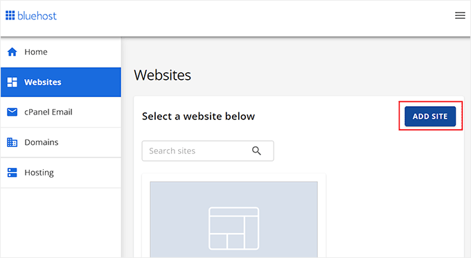 Click the Add Site button on the Bluehost dashboard