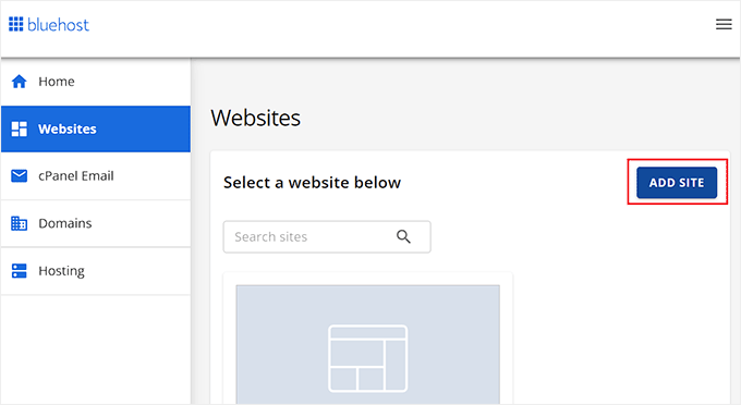 Clique no botão Add Site (Adicionar site) no painel de controle da Bluehost