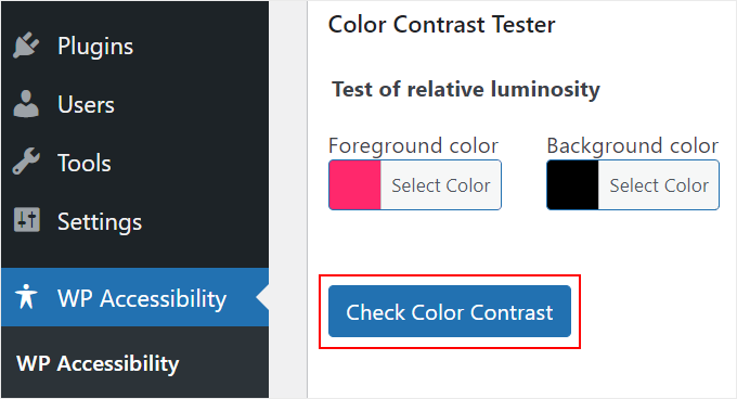 Checking color contrast using WP Accessibility