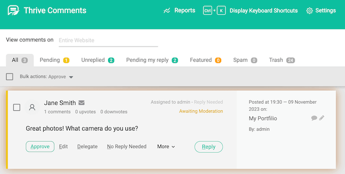 Managing WordPress comments in the Thrive dashboard