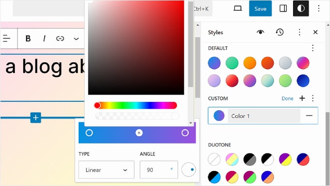 在 WordPress 全站编辑器中创建自定义渐变颜色