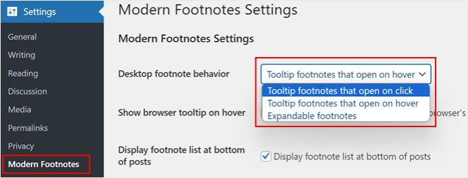 Selecting a Desktop footnote behavior using the Modern Footnotes plugin