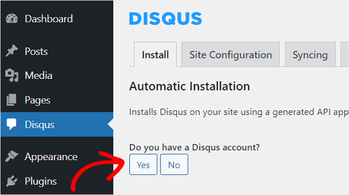 Saying Yes to the Do you have a Disqus account question in WordPress