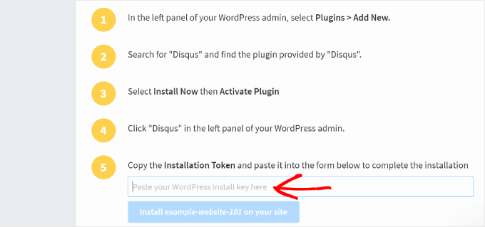 The empty Disqus WordPress installation token field