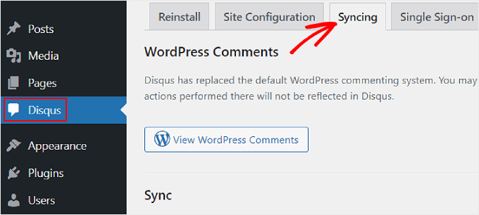 Navigating to the Syncing tab in the Disqus WordPress plugin