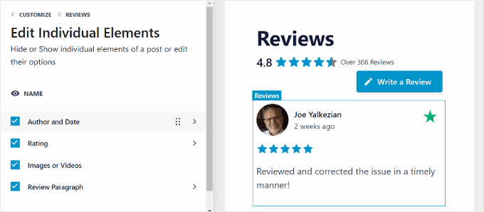 Editing the individual review feed elements in the Reviews Feed Pro plugin