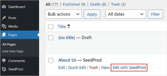 Clicking Edit with SeedProd on a WordPress page