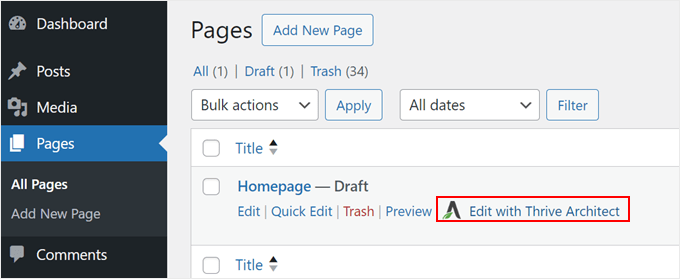 Clicking Edit with Thrive Architect on a page