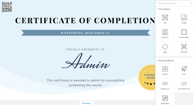 An example of a course certificate, created using WordPress and Thrive Apprentice