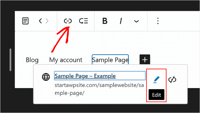 Editing a page link from the block toolbar in WordPress Full Site Editing